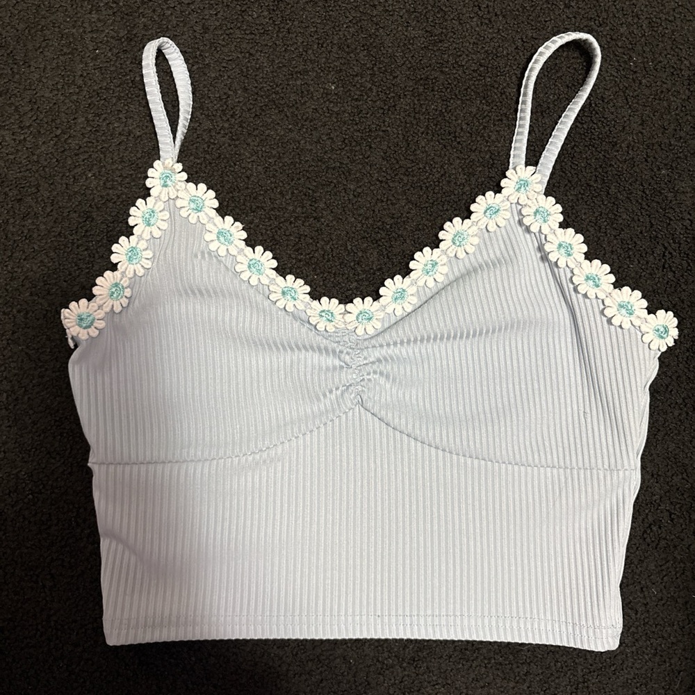 Floral Trim Ribbed Crop Top - Light Blue